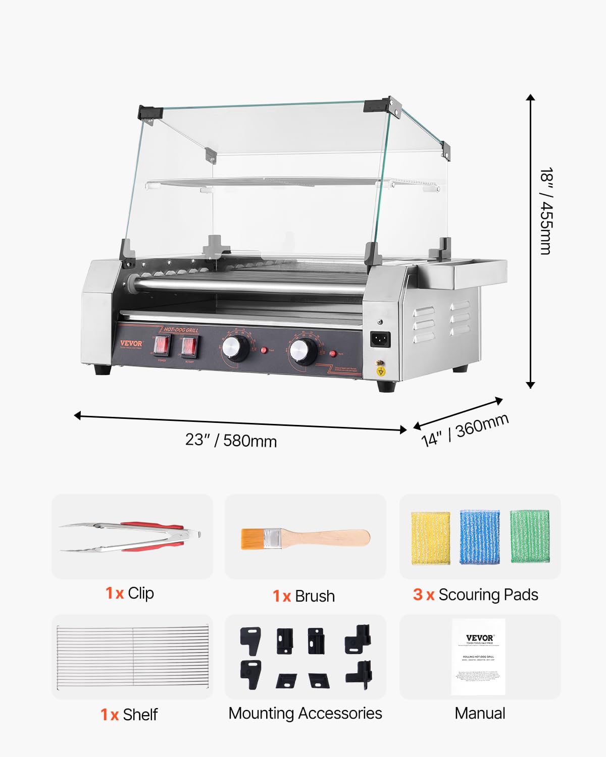 VEVOR Hot Dog Roller, 18 Hot Dog 7 Rollers, Stainless Steel Sausage Grill Cooker, 1050W Commercial Hot Dog Machine with Dual Temp Control, Cover, Side Storage Box, Removable Shelf & Oil Drip Tray