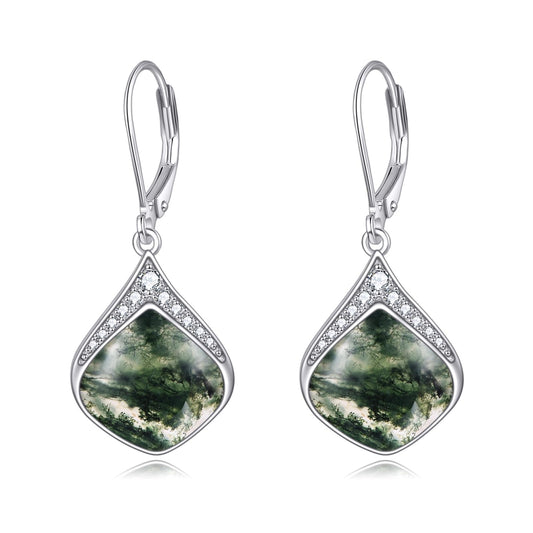 Moss Agate Teardrop Earrings for Women Sterling Silver Cubic Zirconia Teardrop Drop cubic Zirconia Dangle Earrings Jewelry Christmas Gifts for Women
