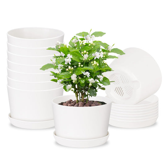 Oliz 4.7 Inch Plastic Plant Pots, Round Classic Planters with Drainage Holes and Saucers for Indoor Outdoor Plants, Perfect for African Violet, Snake Plant, Succulents (White 8 Pack)