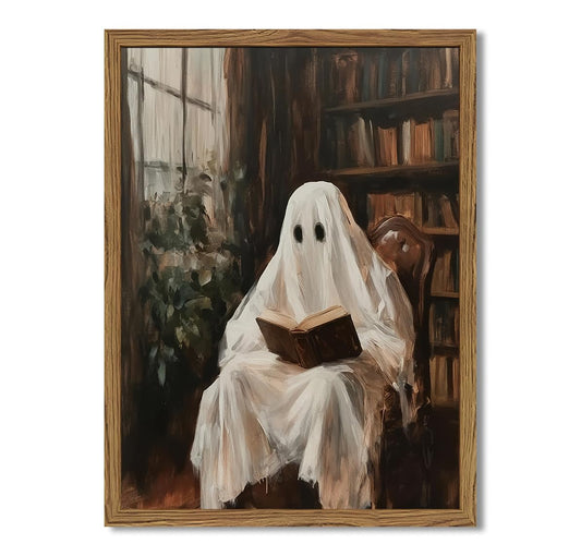 Framed Halloween Ghost Reading Book Canvas Wall Art, Vintage Dark Academia Horror Ghost Pictures Wall Decor Paintings, Gothic Moody Spooky Library Prints for Living Room Bedroom Office Dorm 12x16 inch