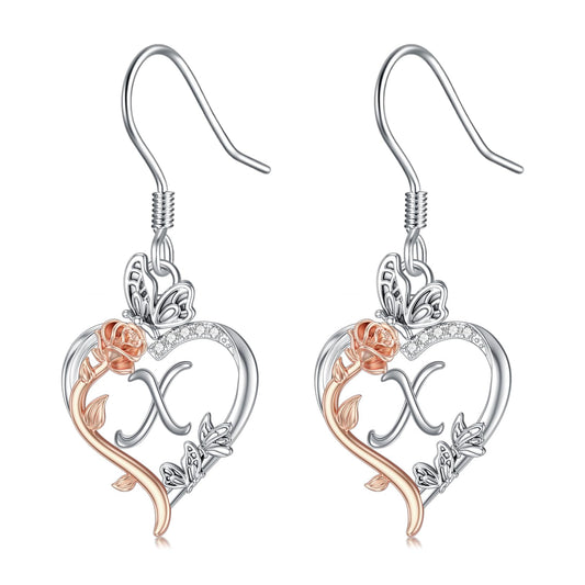 TOUPOP Rose Heart Initial Earrings Sterling Silver Butterfly Earring Initial X Letter Drop Dangle Earrings Jewelry Anniversary Birthday Mothers Day Gifts for Women Mom Wife Girlfriend Her