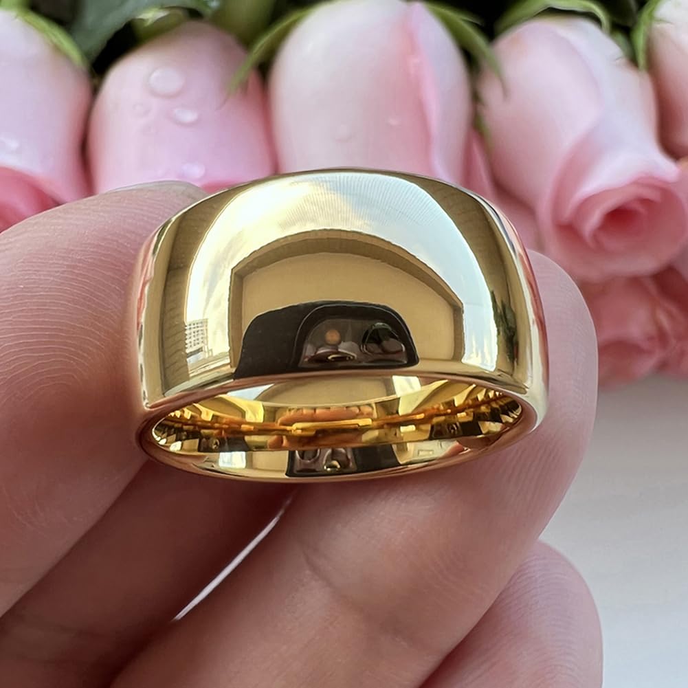 TUTISS 10mm Gold Tungsten Rings for Men Women Engagement Wedding Bands Domed Polished Comfort Fit Size 11