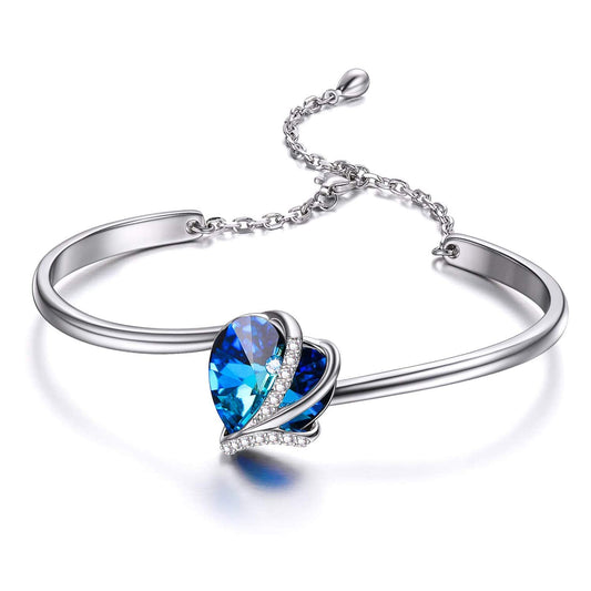 AOBOCO Love Heart Bangle Bracelet Sterling Silver Women Bracelet Embellished with Blue Crystals from Austria, Fine Anniversary Birthday I Love You Jewelry Gifts for Women Wife Girlfriend Daughter Mom