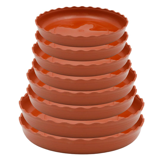 JAKOUE 4 Size Wave Shaped Round Plant Saucer,6 Pack Pant Pot Trays, Plant Saucers for Indoors and Outdoors, Seed Starting Tray, Growing Trays,Terracotta（4",5",6",8"）