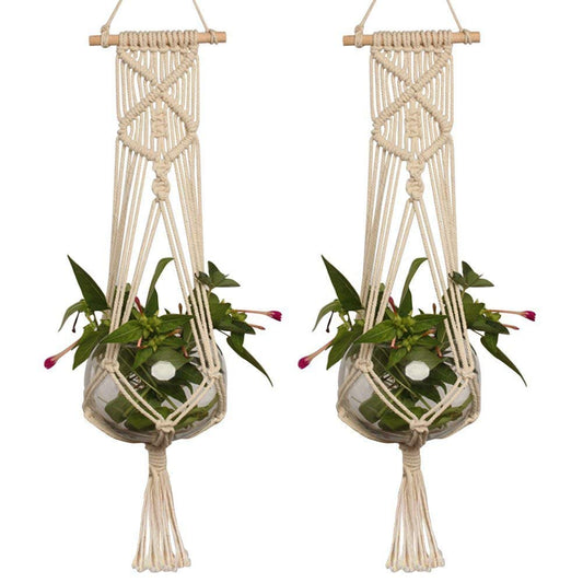 LANGUGU Set of 2 Macrame Plant Hanger with Wooden Dowel Wall Hanging Planter Basket for Indoor Outdoor Flower Pot Plant Holder Wall Art Vintage Home Boho Decor, Cotton Rope Weaving, 4 Legs 41 inch