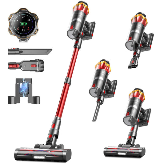 Cordless Vacuum Cleaner, 650W 55KPa 70Mins Vacuum Cleaners for Home, Self-Standing Stick Vacuum with Anti-Tangle Brush & OLED Touch Screen, Vacuum Cleaner for Hardwood Floors,Carpet,Pet Hair,Car (Red)