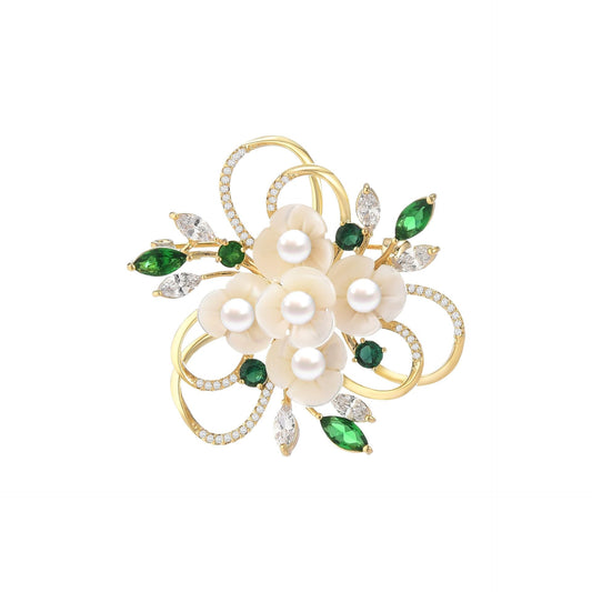 EMEGCY Pearl Flower Brooch for Women Mother's Day White Shell Flower Brooch Pin Floral Lapel Pin Emerald Crystal Leaf Jewelry Gifts for Wife Mom Bithday Wedding