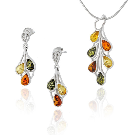 AMBEDORA Small Women's Jewellery Set Amber 458, Polished Sterling Silver, Colourful Baltic Amber, Silver Pendant on Chain and Earrings