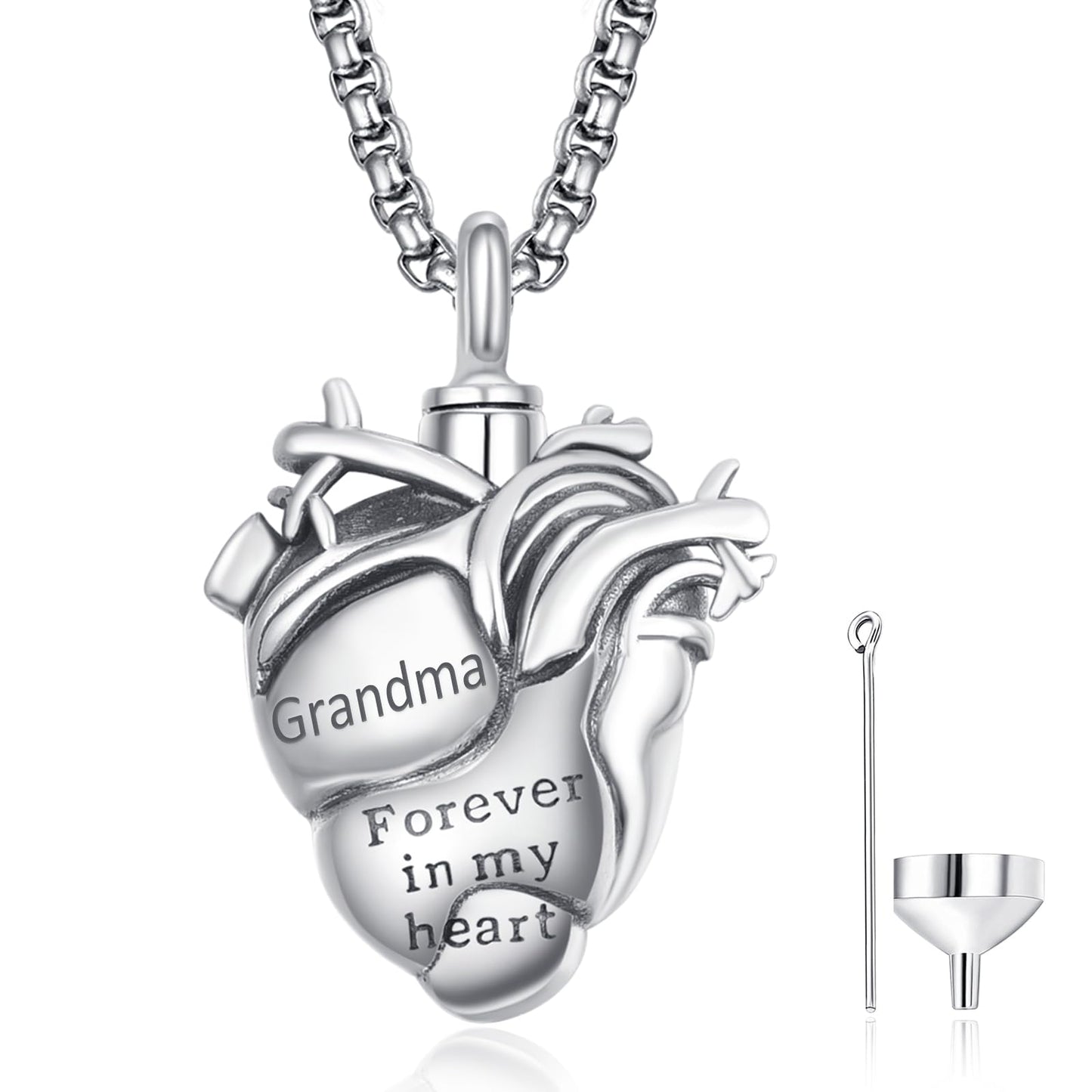 Anatomical Heart Urn Necklaces for Ashes Sterling Silver Ash Pendants Cremation Jewelry Grandma Keepsake Pendant Memorial Jewelry Gifts for Loss of Grandma