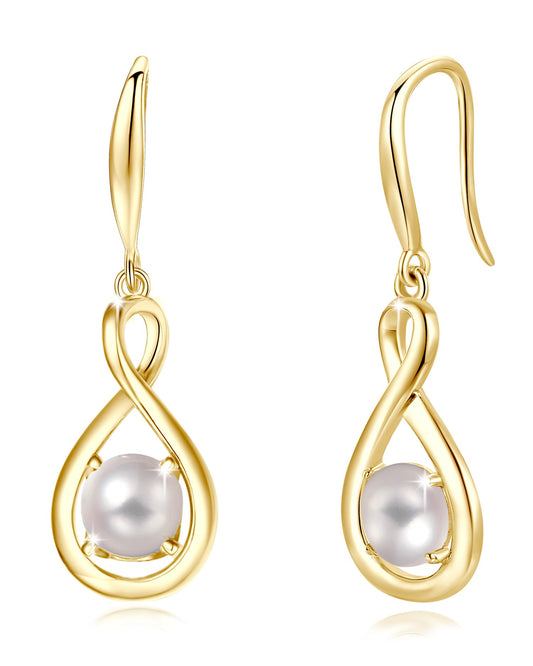 FANCIME White Pearl Dangle Drop Earrings 925 Sterling Silver Yellow Gold Plated Dainty Infinity June Birthstone Earring Fine Jewelry Birthday Mothers Day Gifts for Mom Her Women