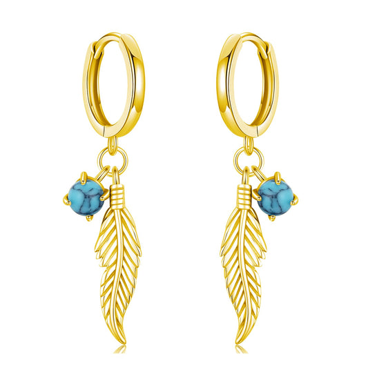 Feather Turquoise Earrings 925 Sterling Silver 14k Gold Plated Turquoise Dangle Earrings Western Earring Native American Jewelry Indigenous Gifts for Women