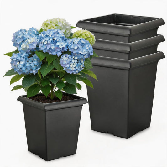 10 inch Square Planters - 4 Pack Deep 13 inch Plastic Plant Pot with Drainage Holes & Raised Feet, Matte Black 4 Gal Heavy Duty Thick Indoor Outdoor Flower Pot for Trees, Roses, Tomatoes