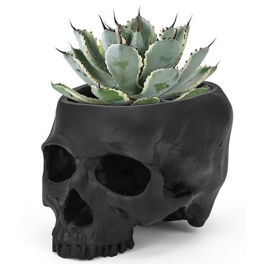 Sinromrich Skull Planter Pot for Plants - Realistic Human Skull Head Flower Pot, Halloween/Gothic Décor, Resin Planter for Succulents, Bonsai, Cactus, Home Bar, Desk, Spooky Gift Idea (Black)