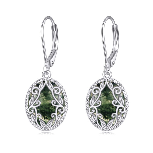 Moss Agate Drop Earrings Sterling Silver Agate Oval Leverback Earrings Natural Stone Dangle Earrings Jewelry Christmas Gifts For Women