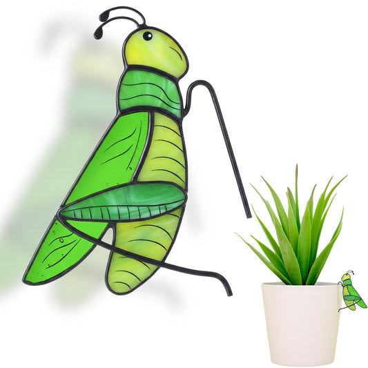 Geelin 1 Pcs Stained Glass Grasshopper Suncatcher Flower Pot Decoration Metal Plant Pot Hangers Colorful Garden Yard Suncatcher Decor for Spring Home Indoor Outdoor Decor(Green)