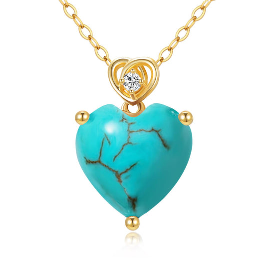 NFYBD 14k Gold Love Heart Turquoise Birthstone Pendant Necklace for Women 3 Carat Heart-cut Created Gemstone Anniversary Birthday Mother's Day Necklaces for Her 16+1+1 inch