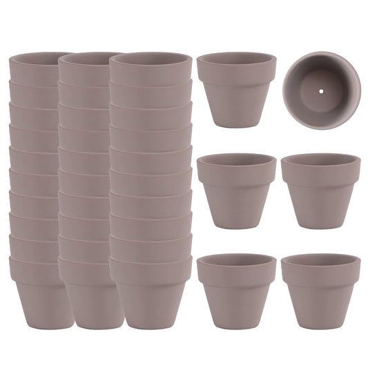 36 Mini Grey Flower Pots - 2 inch Clay, Cactus & Succulent Nursery Pots with Drainage Holes, Indoor/Outdoor Suitable