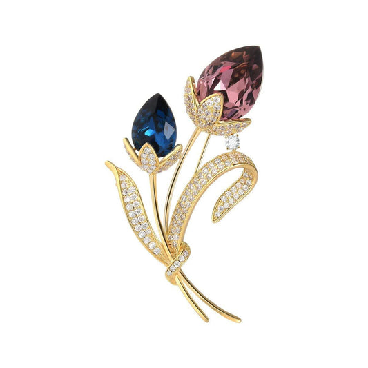 EMEGCY Tulip Brooch Pin Tulip Pin Rhinestone Brooches 18k Gold Plated Tulips Lapel Pin Crystal Flower Jewelry for Women Dress Accessories Birthday Christmas Gift