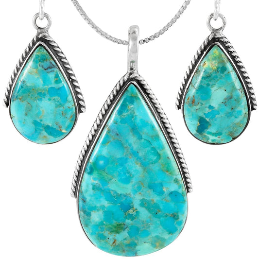 Genuine Gemstones Necklace Earrings Pendant Set in 925 Sterling Silver (24" Length) (Turquoise)
