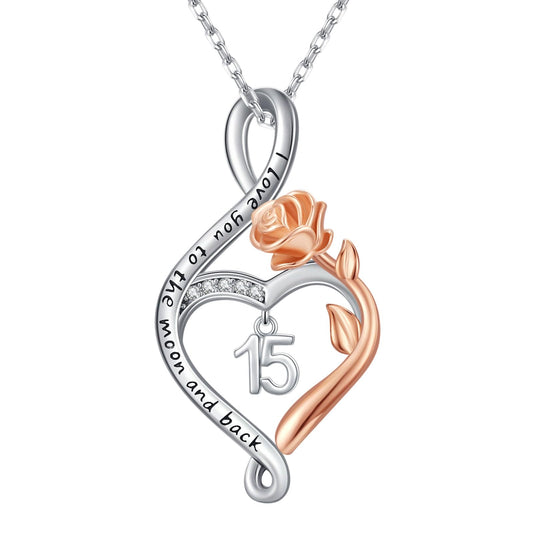 KoyeKei 15th Birthday Quinceanera Gifts for Daughter 15 Year Old Necklace 925 Sterling Silver Rose Flower Heart Infinity Pendant Jewelry Birthday Gift for Women Granddaughter