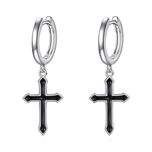 925 Sterling Silver Gothic Cross Hoop Earrings Black Dangle Drop Earrings Huggie Jewelry Birthday Gifts for Women (Gothic Cross)
