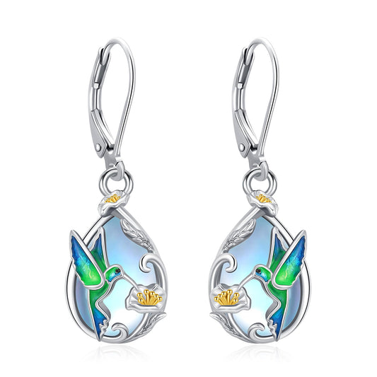 Eusense Sterling Silver Teardrop Moonstone Earrings Delicate Hummingbird Earrings for Women Floral Dangle Design Elegant Vintage Bird Jewelry Gift