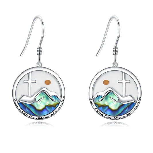 AOBOCO Mustard Seed Cross Earrings 925 Sterling Silver Mountain Dangle Hook Earring Christian Jewelry Gifts for Women(Round Mountain Cross Hooks)