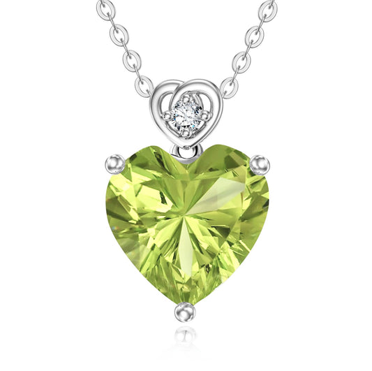 NFYBD 14k White Gold Love Heart Peridot Birthstone Pendant Necklace for Women 3 Carat Heart-cut Created Gemstone Anniversary Birthday Mother's Day Necklaces for Her-aug