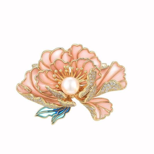 UNVAK Enamel Peony Flower Brooch Pin - 18k Gold Plated Pearl Lapel Pin Jewelry - Thanksgiving Day Birthday Gifts Dress Accessories for Mom Wife