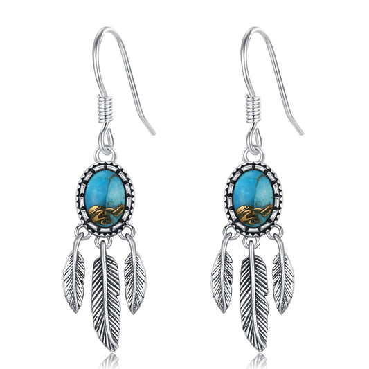 Eetaitai Dream Catcher Dangle Earrings for Women 925 Sterling Silver Natural Turquoise Feather Drop Earrings Native American Jewelry Western Jewelry Gifts for Mom Wife Sister