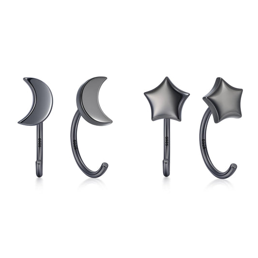 CHIC & ARTSY Backless Earrings for Women 925 Sterling Silver Half Huggie Hoop Earrings Ardant Stay Close Hoops Black Star Moon No Back Earrings Set Everyday Earrings