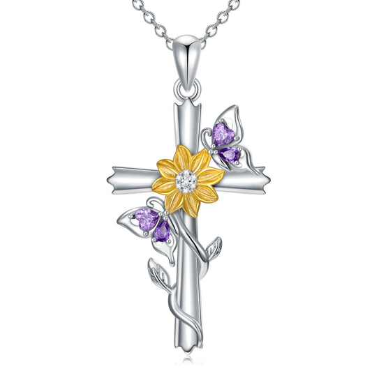 KoyeKei Butterfly Sunflower Necklace for Women 925 Sterling Silver Double Butterfly Cross Necklaces Pendant Christian Sunflower Jewelry Gifts Mothers Day Graduation Gift for Mom Wife Sister