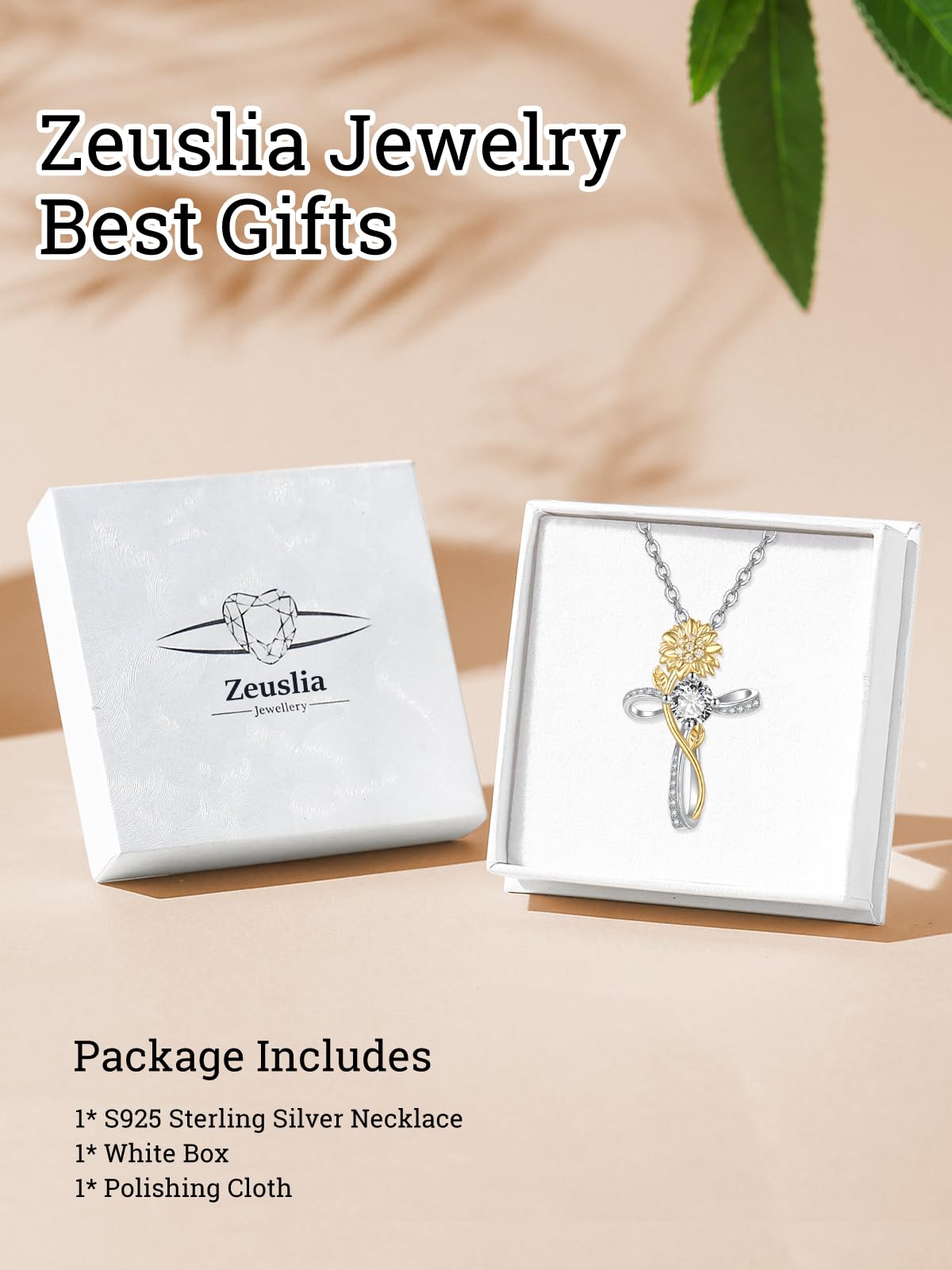 Zeuslia Cross Necklace for Women Sterling Silver Cross Pendant Jewelry with Sunflower CZ April Birthstone Necklace Christian Religious Baptism First Communion Confirmation Birthday Gifts for Women