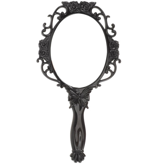 Angoily Hand Mirror, Vintage Foldable Makeup Foldable Handheld Mirror with Handle Retro Embossed Rose Vanity Packets for Salon Barber Hairdressing Handheld Travel, Black Circle Portable