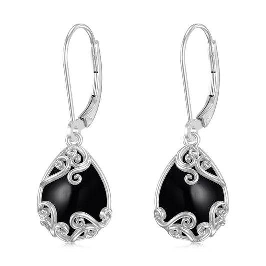 KoyeKei Black Onyx Filigree Leverback Earrings for Women 925 Sterling Silver Black Onyx Teardrop Dangle Drop Earrings Jewelry Filigree Anniversary Graduation Gifts for Sister Her Lover