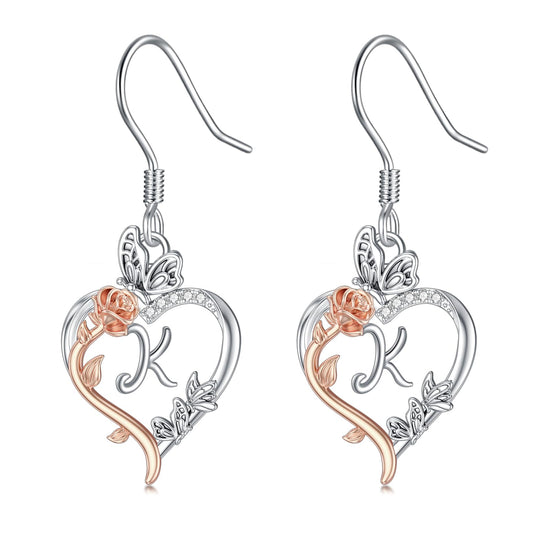 TOUPOP Rose Heart Initial Earrings Sterling Silver Butterfly Earring Initial K Letter Drop Dangle Earrings Jewelry Anniversary Birthday Mothers Day Gifts for Women Mom Wife Girlfriend Her