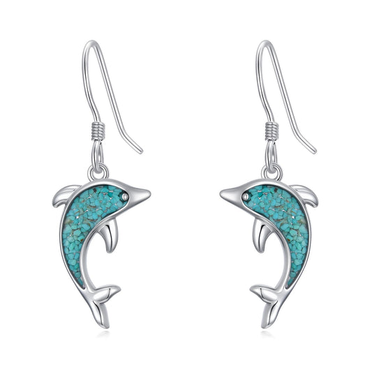 HPQQ Dolphin Earrings 925 Sterling Silver Turquoise Dolphin Dangle Earrings Ocean Beach Themed Jewelry Mother's Day Jewelry Gifts for Women