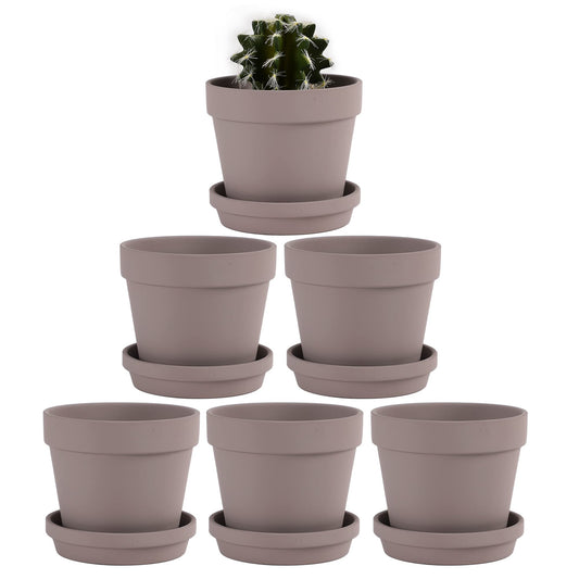 Yishang Terra Cotta Pots with Saucer/Ceramic Tray, 6-Pack Large Terracotta Pots 4.6'' Clay Ceramic Pottery Planter Cactus Flower Succulent Pot Drainage Hole - for Plants, Crafts (Grey)