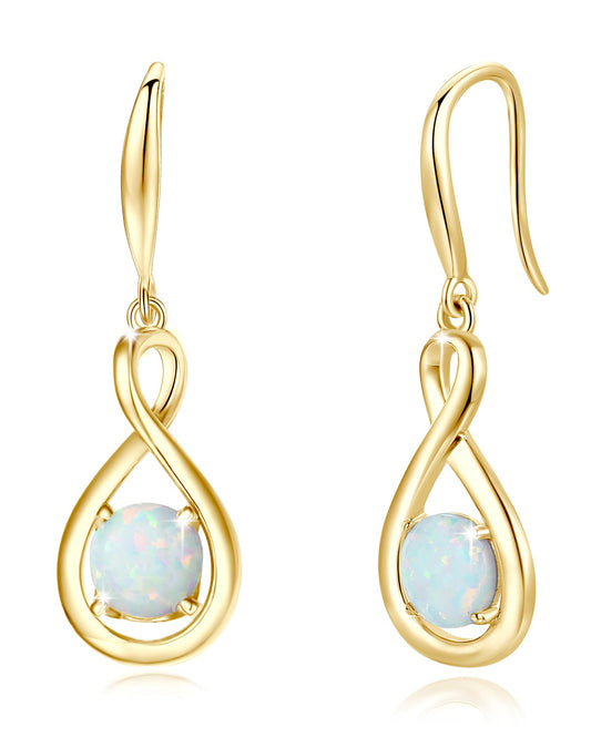 FANCIME White Opal Dangle Drop Earrings 925 Sterling Silver Yellow Gold Plated Dainty Infinity Created Gemstone October Birthstone Earring Fine Jewelry Birthday Mothers Day Gifts for Mom Her Women
