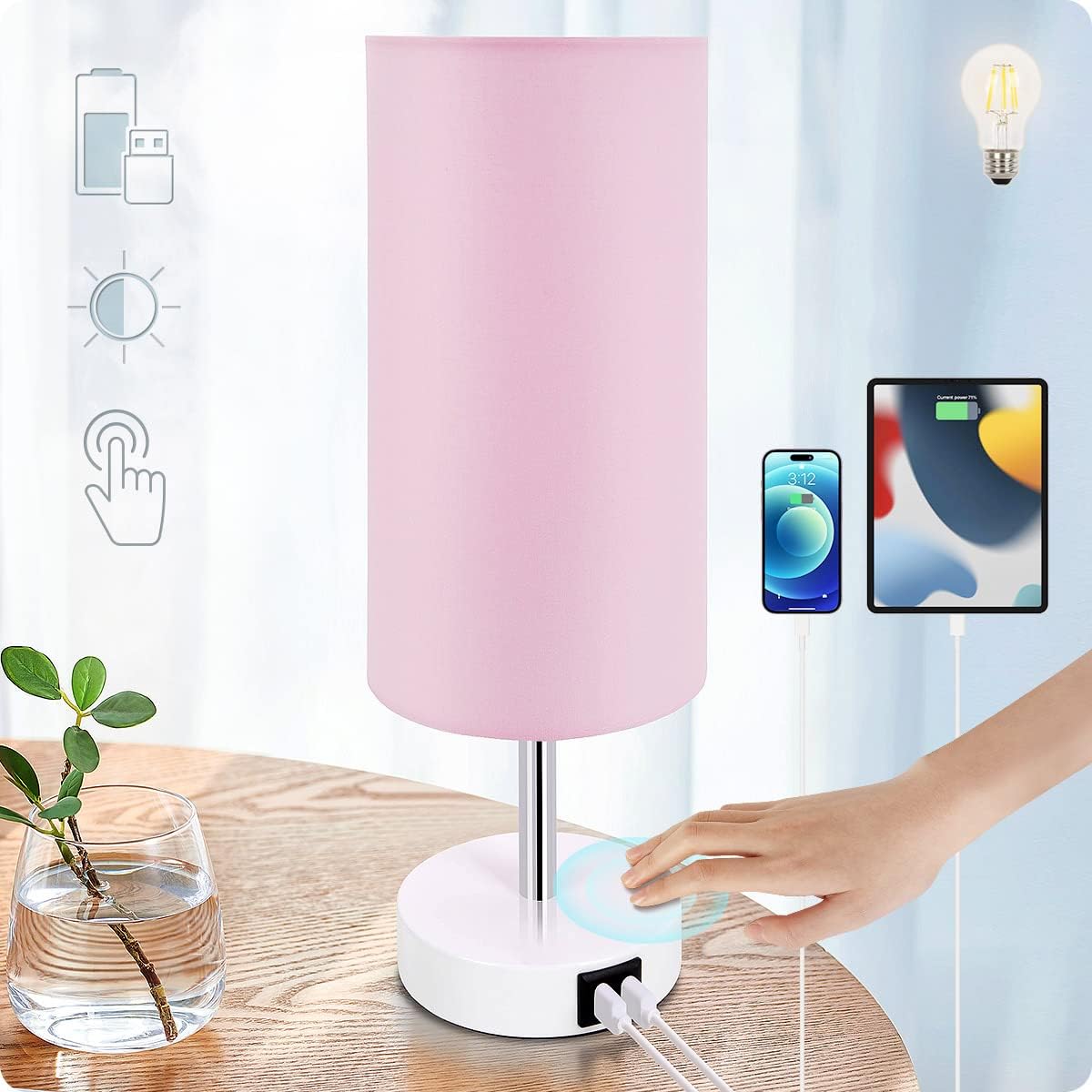Yarra-Decor Bedside Table Lamp with USB Port - Touch Control for Bedroom Wood 3 Way Dimmable Nightstand Lamp with Round Flaxen Fabric Shade for Living Room, Dorm, Home Office (LED Bulb Included)