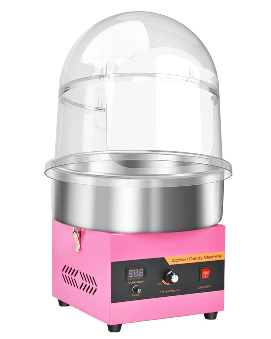 1000W Professional Cotton Candy Machine Kit with Stainless Steel Bowl, Cover, Sugar Scoop & 15" Transparent Acrylic Dome - for Kids Birthday, Family Party, Festival