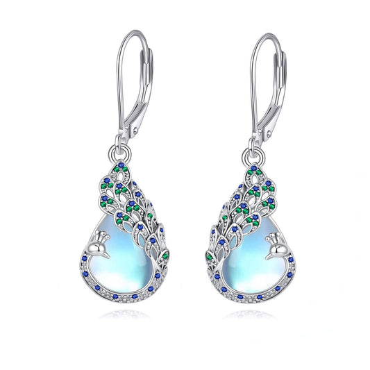 LUANIOL Peacock Earrings 18K White Gold Plated Moonstone Dangle Earrings Peacock Jewelry Gifts for Women