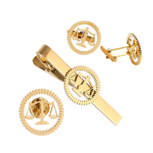 Metal Balance Badges Suit Brooch Libra Scales Brooches For Men (gold pin+tie clip+ cuff-link)