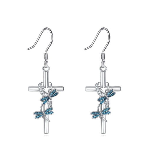 ONEFINITY Dragonfly Cross Earrings 925 Sterling Silver Dragonfly Dangle Earrings Animal Jewelry Gifts For Women