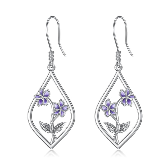 Violet Earrings Sterling Silver Purple Flower Floral Dangle Dangling Drop Earrings Violet Jewelry Gifts for Women