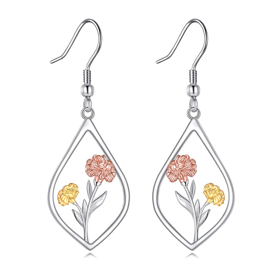 Carnation Earrings 925 Sterling Silver January Birth Flower Dangle Earrings Teardrop Jewelry Gifts For Women