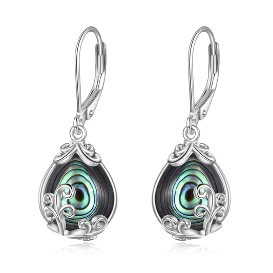 POPLYKE Abalone Shell Filigree Teardrop Drop Dangle Earrings Sterling Silver Leverback Earrings Jewelry for Women