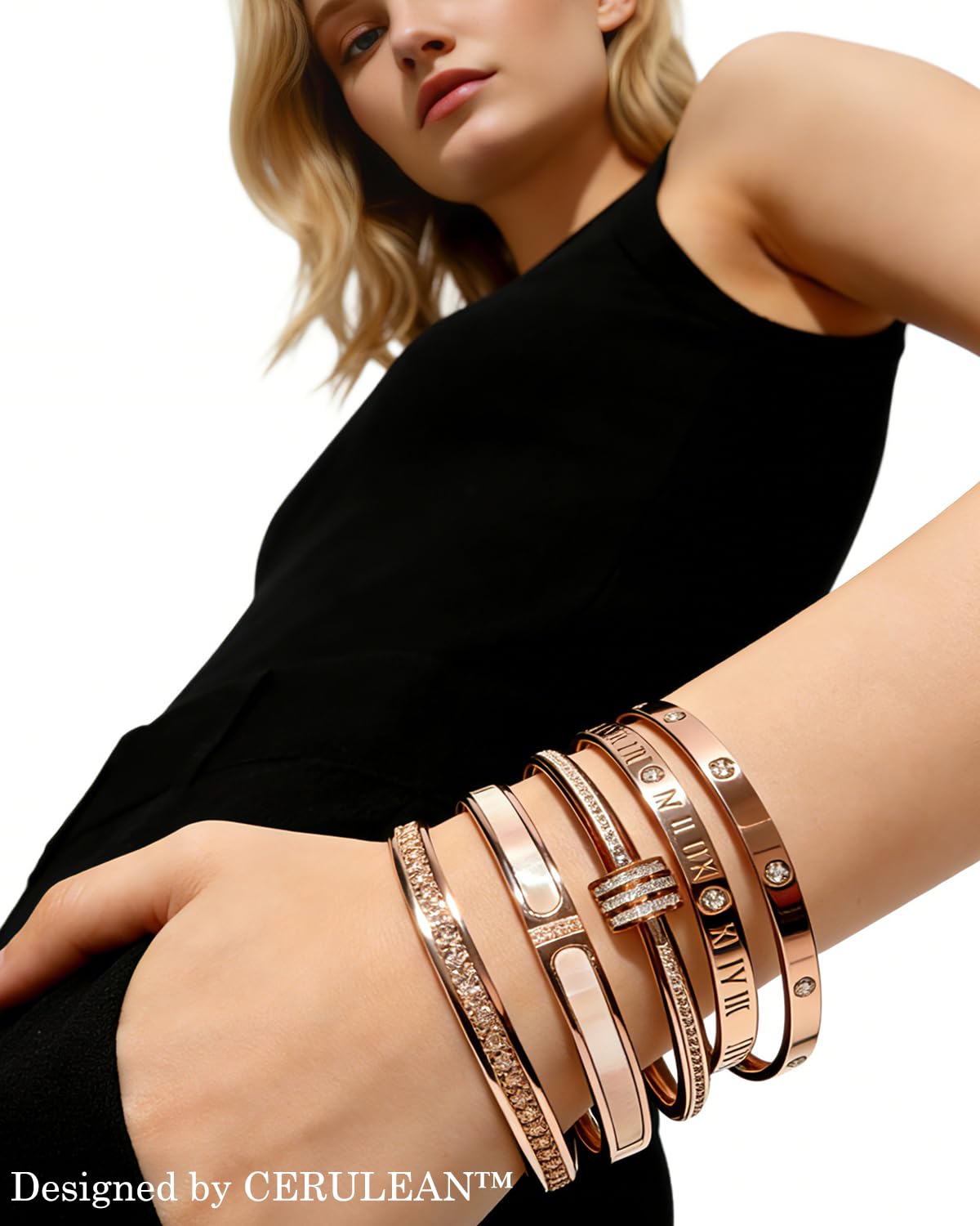 5-Piece Elegant Stainless Steel Bracelet Set, Fashionable Classic Design, Stainless Steel 5 Piece Bracelet Set, Non Tarnish Bangle, Elegant Bracelets Sets for Everyday and Formal Wear (Rose Gold)