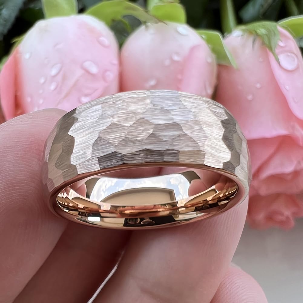TUTISS 8mm Rose Gold Hammered Tungsten Rings for Men Women Engagement Wedding Bands Domed Matte Finish Comfort Fit Size 8