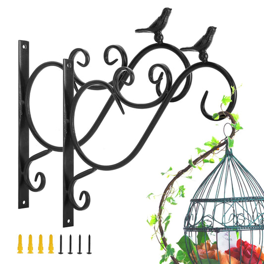 Lewondr Wall Hanging Plant Bracket, 2 Pack 12-inch Retro Iron Shepard Hook for Flower Bird Feeder Planter Indoor Outdoor, Bird 01 - Spray Paint Black